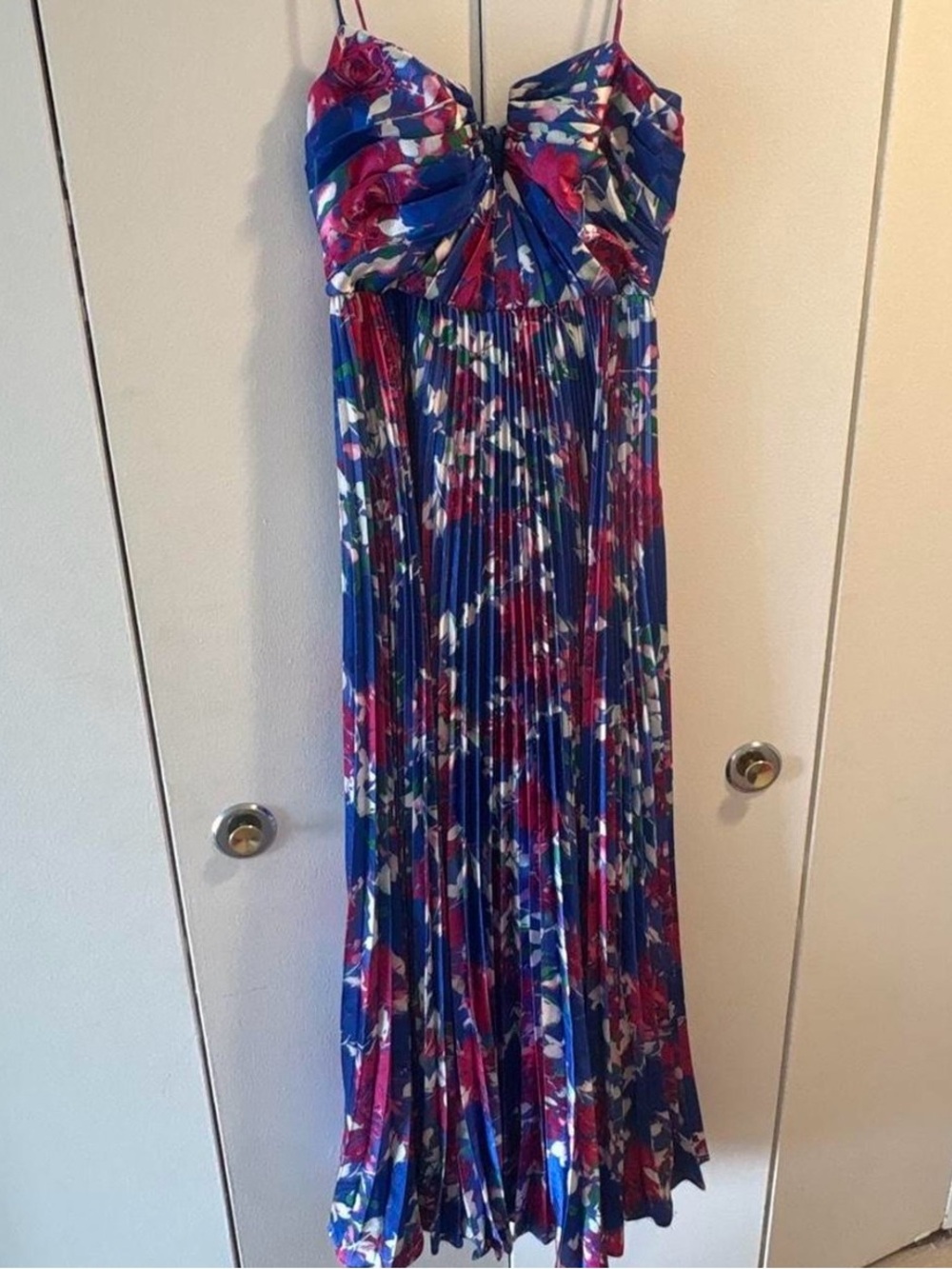 ML Monique Lhuillier Floral Pleated Maxi Dress in Blue and Pink
